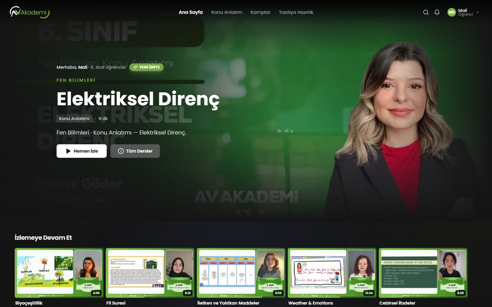 AV Akademi öğrenci paneli ana ekranı