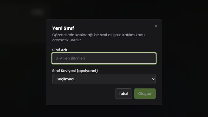 AV Akademi yeni sınıf oluşturma ekranı