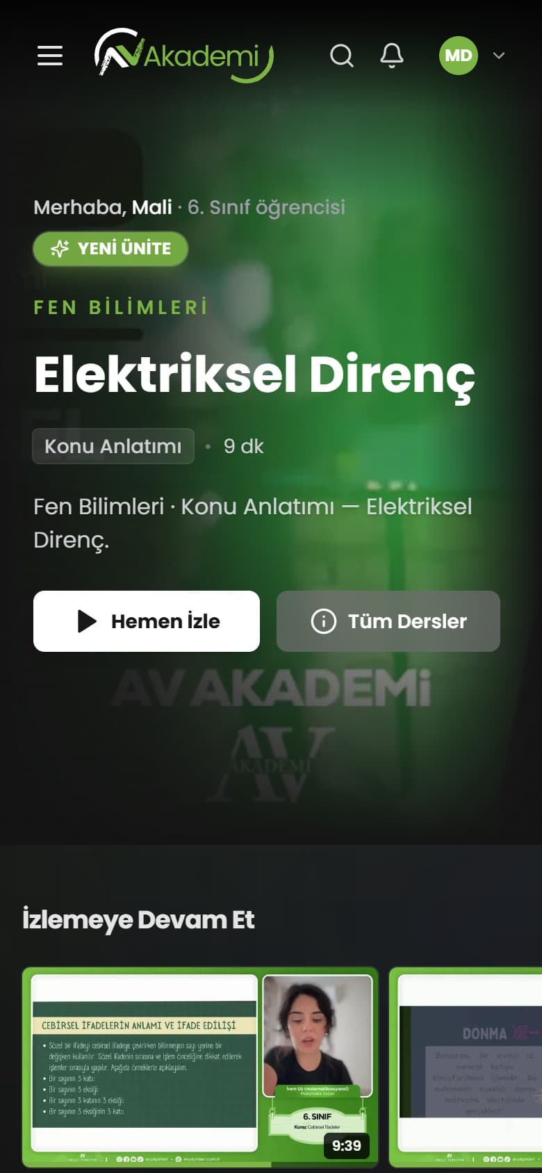 AV Akademi öğrenci panelinin mobil görünümü