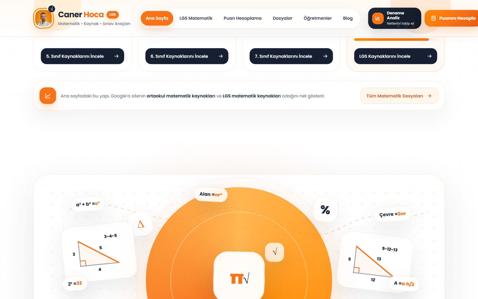 Caner Hoca web sitesi matematik illüstrasyonlu bölüm tasarımı