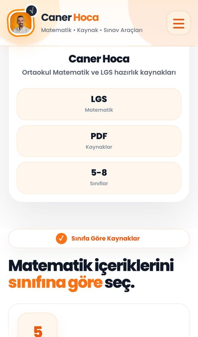 Caner Hoca sınıf kaynakları bölümünün mobil ekran görüntüsü