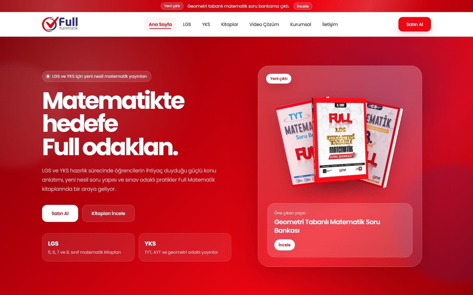 Full Matematik yayınevi web sitesi sinematik hero tasarımı