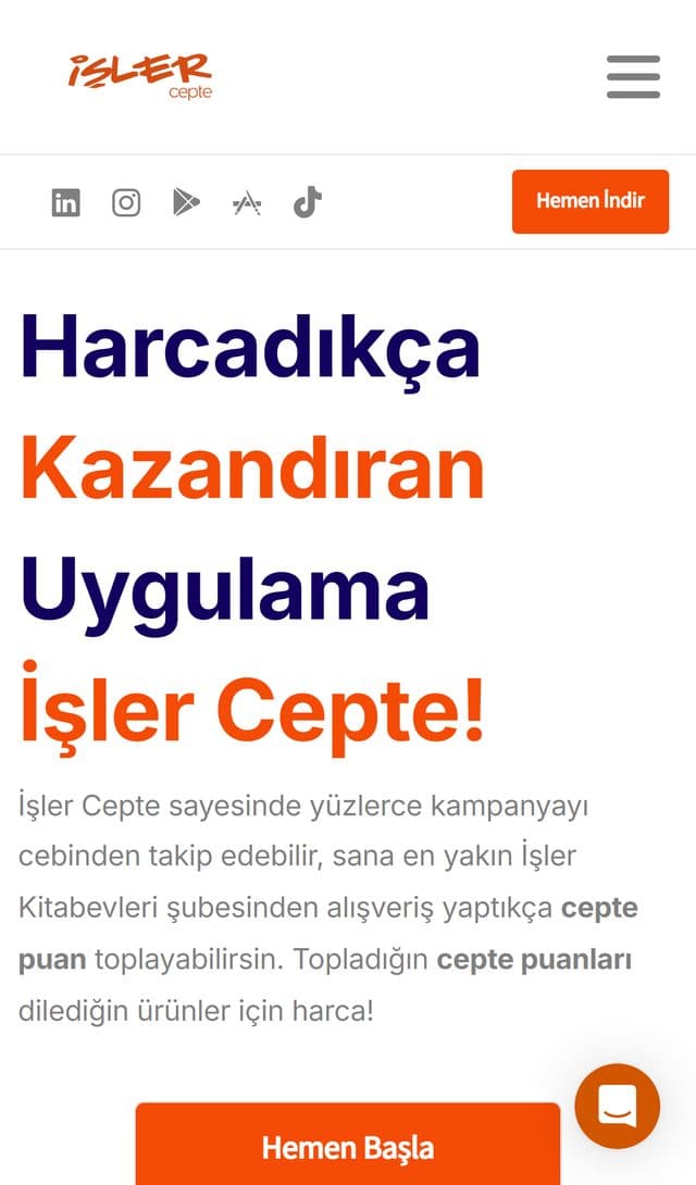 İşler Cepte tanıtım sitesi anasayfasının mobil ekran görüntüsü