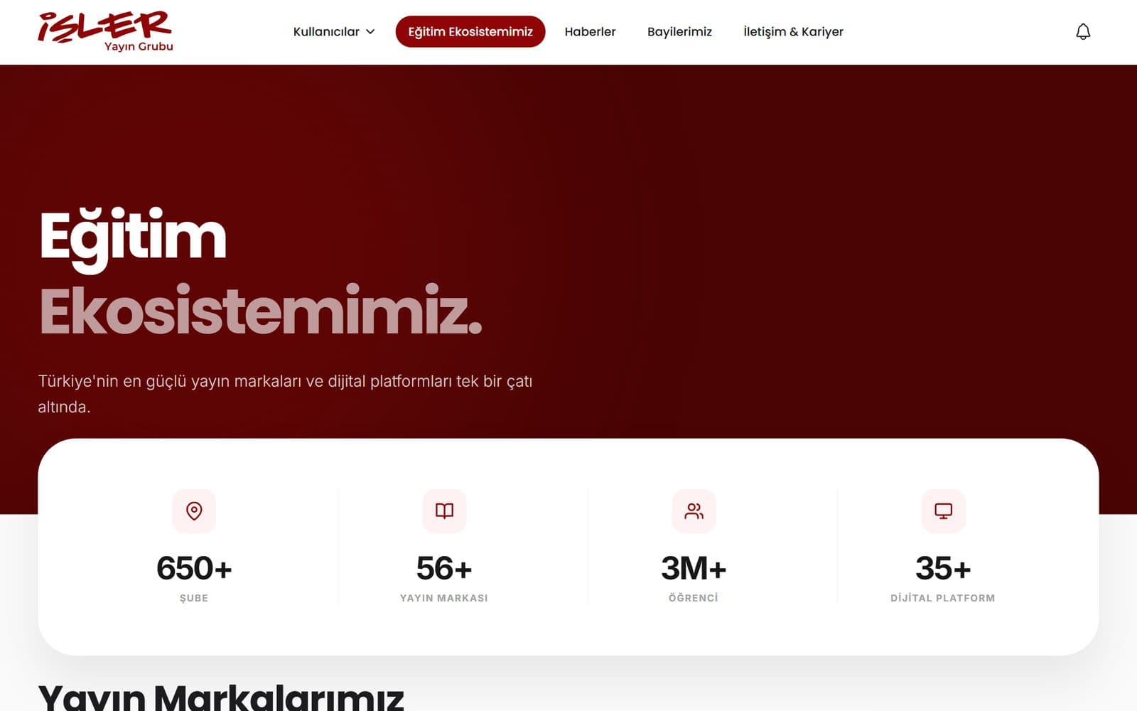 İşler Yayın Grubu eğitim ekosistemi sayfası ve istatistik rozetleri tasarımı