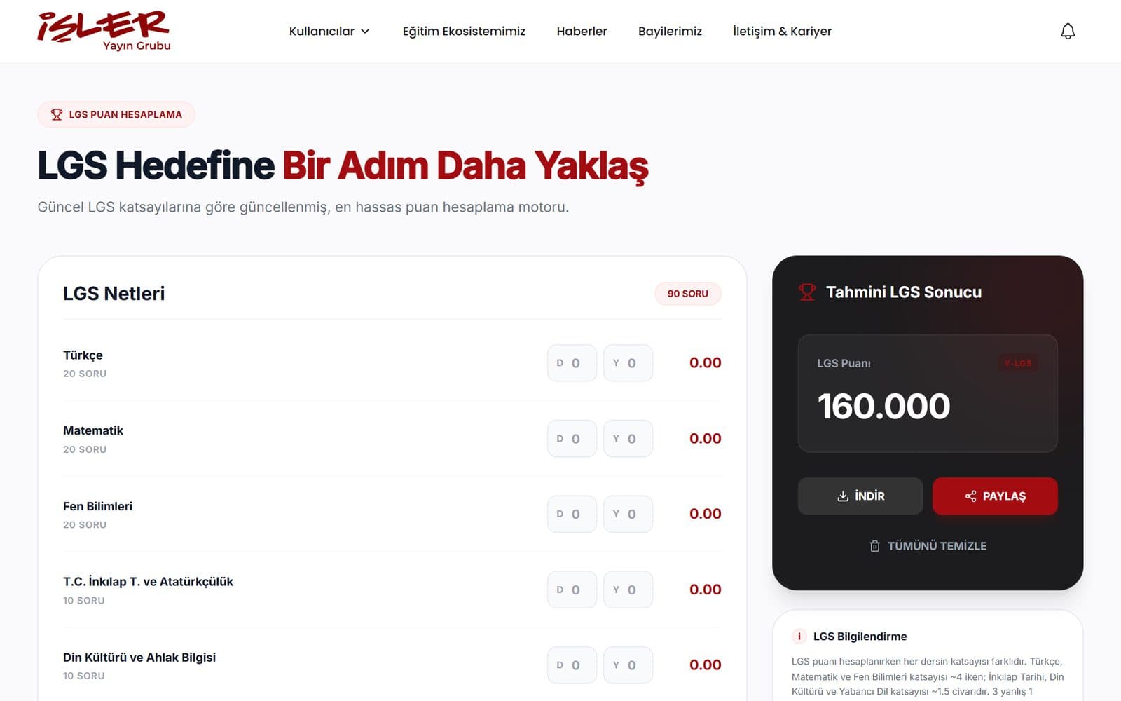 İşler Yayın Grubu LGS puan hesaplama aracı arayüz tasarımı