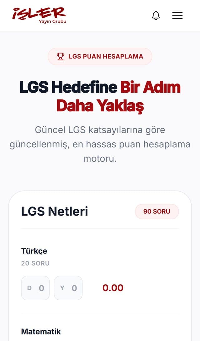 İşler Yayın Grubu LGS puan hesaplama aracının mobil ekran görüntüsü